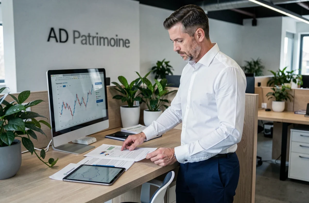 Conseiller d'AD Patrimoine debout à son bureau examinant des stratégies d'investissement imprimées