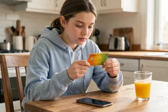 Adolescente tenant une carte Pixpay prépayée dans une cuisine, gérant son argent de poche au quotidien