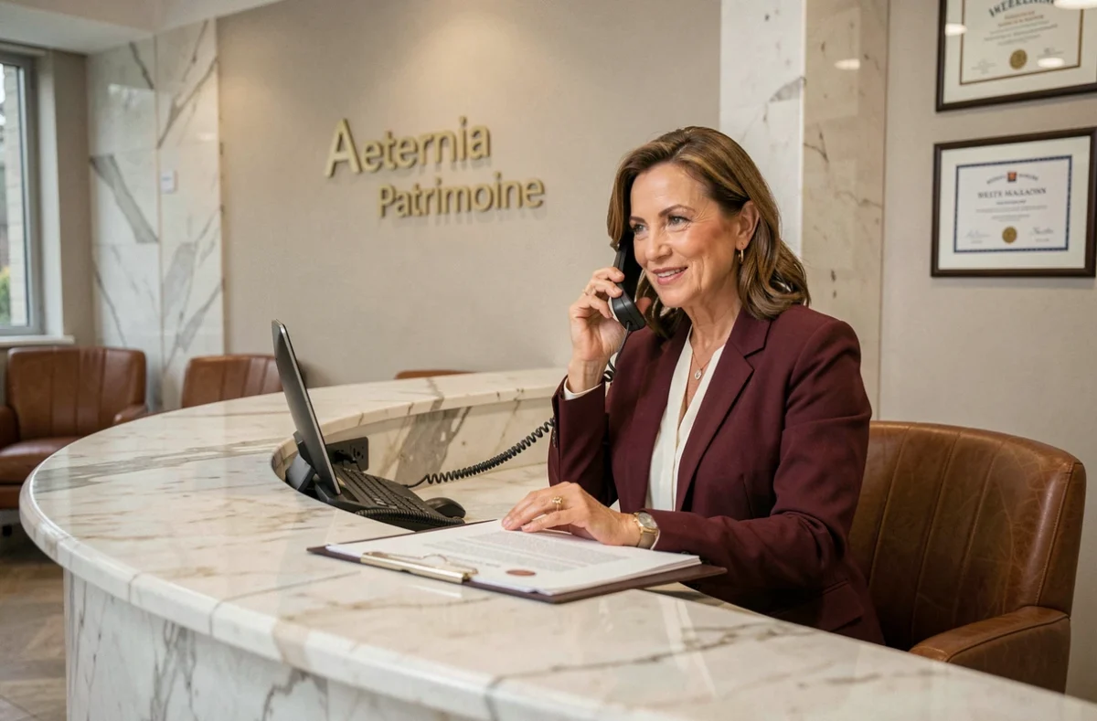 Conseillère d'Aeternia Patrimoine dans un bureau de gestion de patrimoine haut de gamme consultant un dossier client