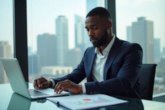 Homme d'affaires africain en costume marine consultant des documents financiers dans un bureau moderne avec vue sur la ville, illustrant la diversification des revenus d'Aliou Mara