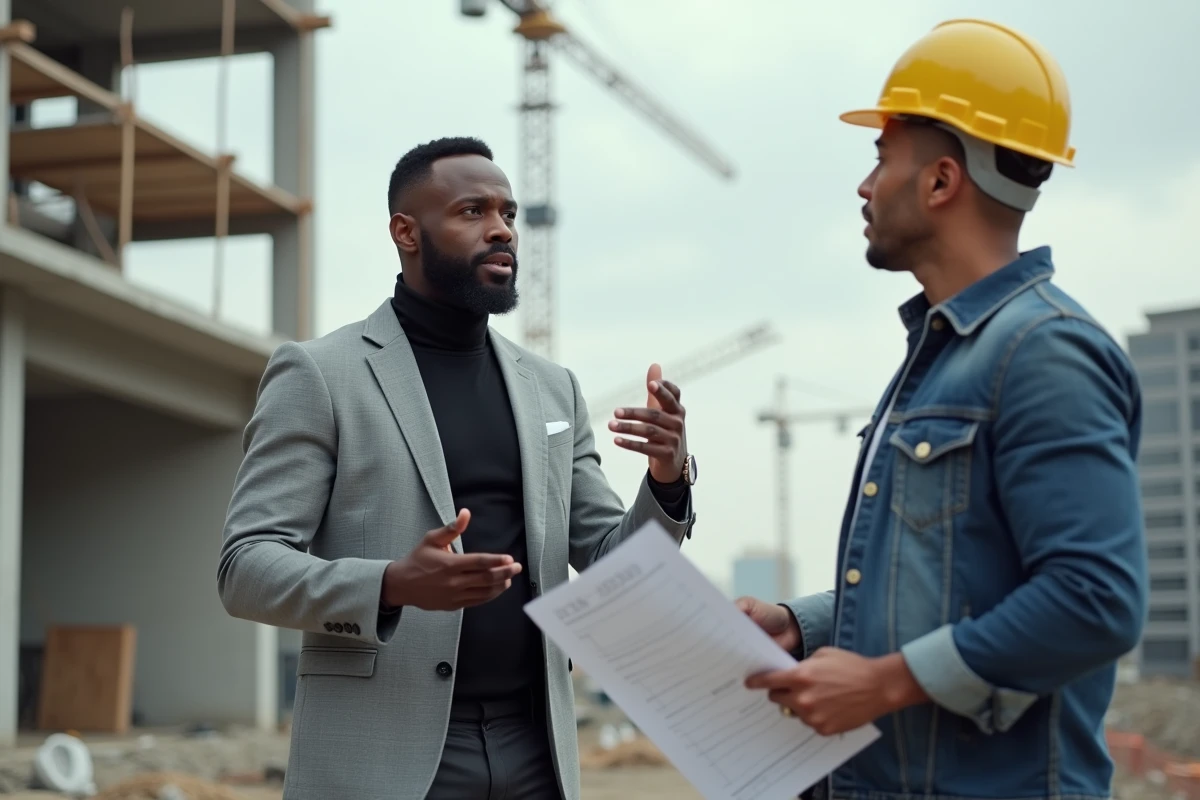 Entrepreneur africain en blazer gris discutant avec un architecte devant un chantier immobilier, symbolisant les investissements diversifiés et la fortune d'Aliou Mara