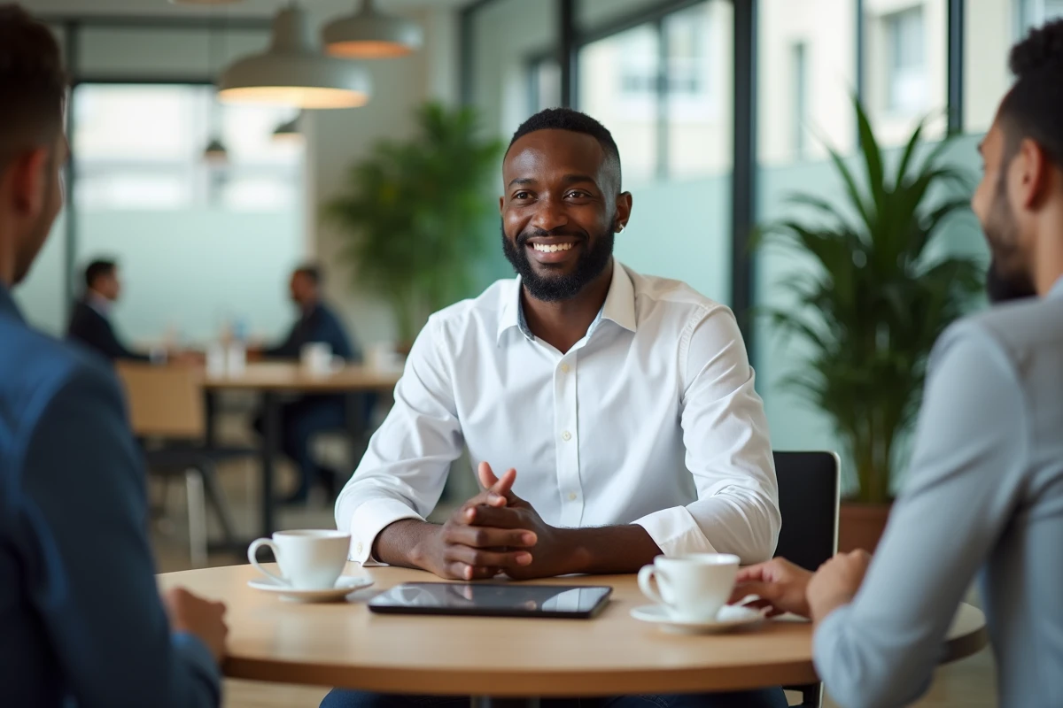 Homme d'affaires africain en chemise blanche participant à une réunion stratégique dans un espace de co-working moderne, illustrant les multiples sources de revenus d'Aliou Mara