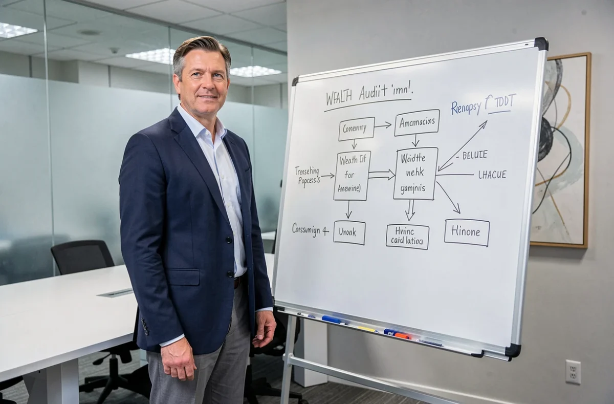 Consultant ALP Consulting présentant un schéma d'audit patrimonial dans une salle de réunion moderne