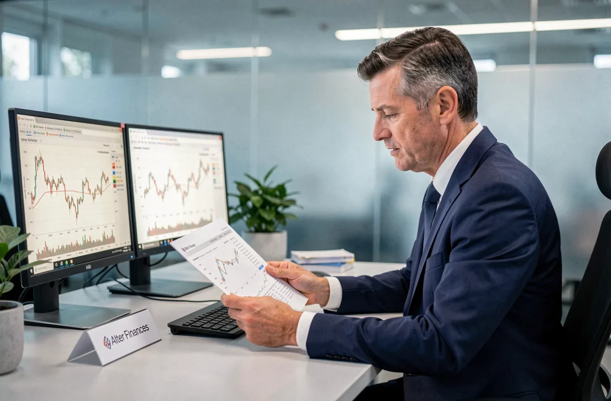 Conseiller d'Alter Finances analysant des rapports d'investissement dans un bureau moderne