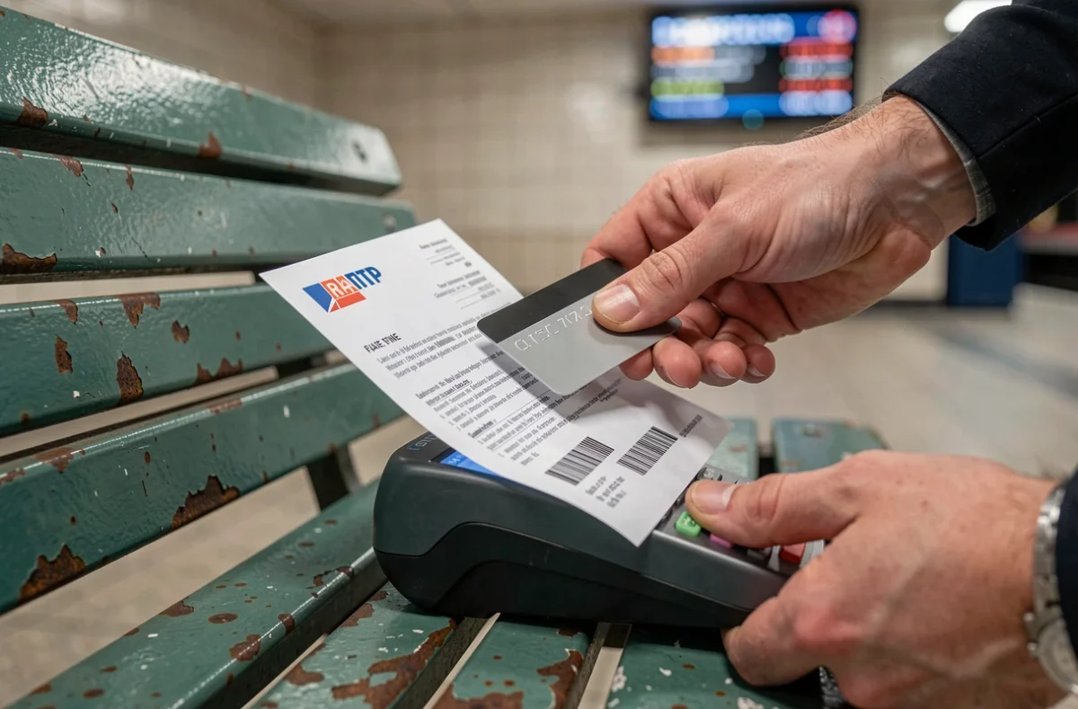 Gros plan sur des mains tenant une amende RATP et une carte bancaire devant un terminal de paiement dans le métro