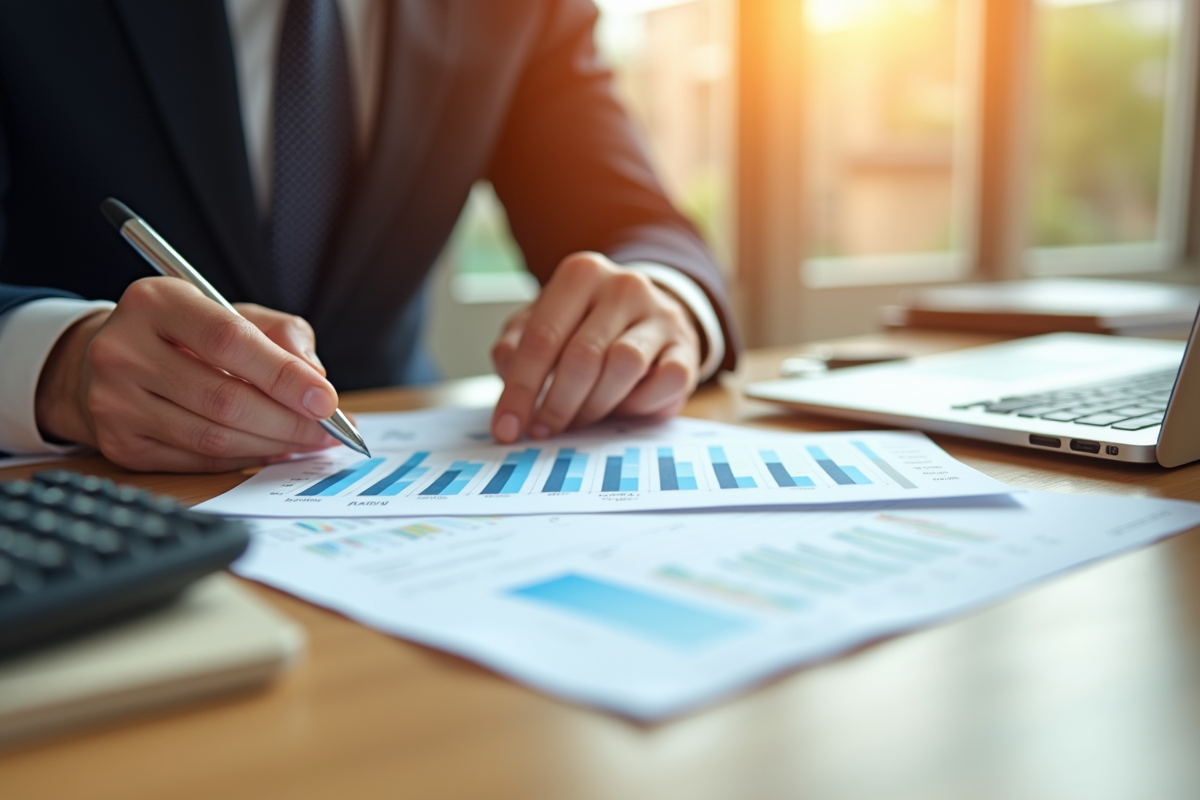 Main d'un professionnel analysant des graphiques financiers au bureau