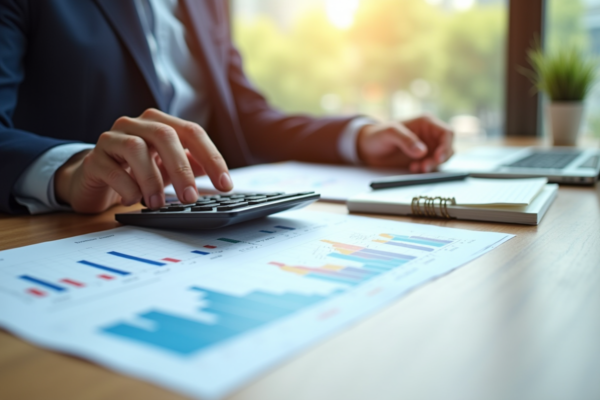 Personne analysant des graphiques financiers sur un bureau lumineux