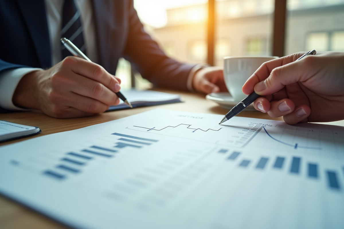 Mains analysant un graphique des taux d