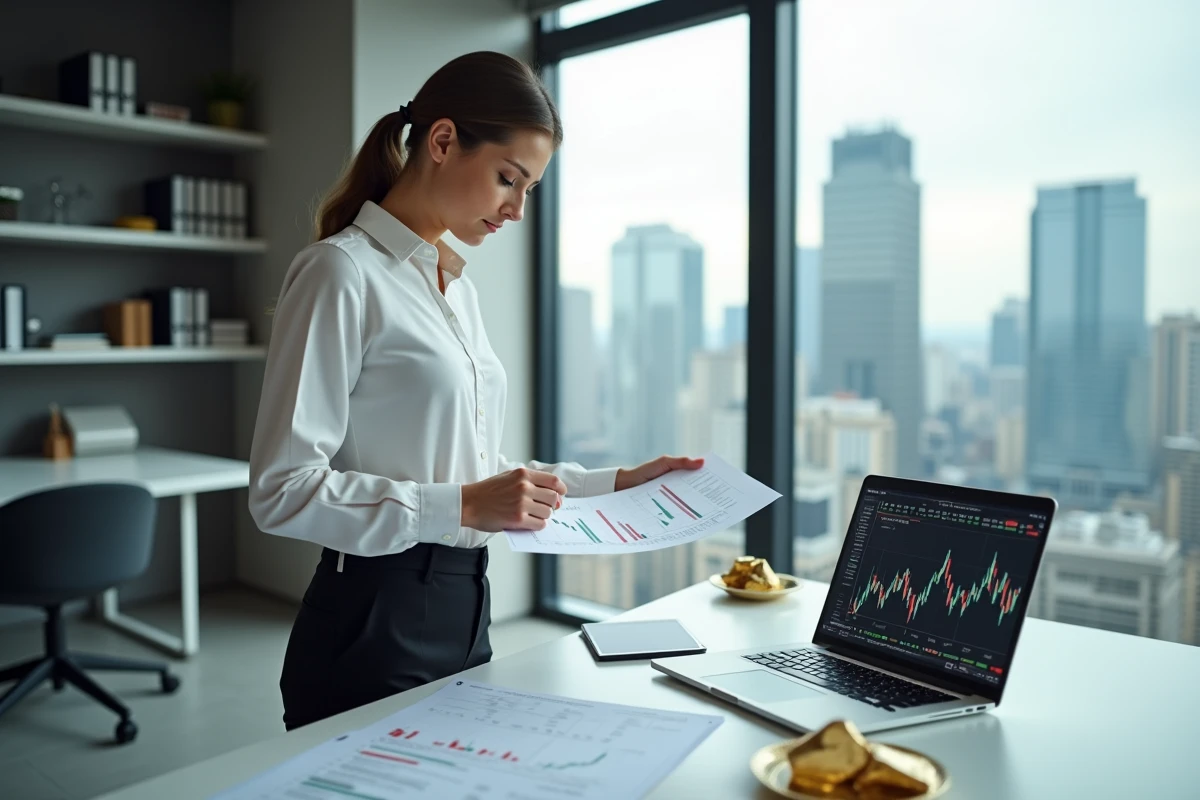 Analyste financière consultant des graphiques d'évolution du cours des métaux et du prix du laiton au kilo