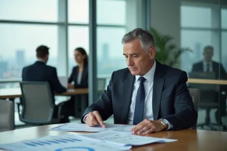 Analyste défense en réunion avec graphiques militaires