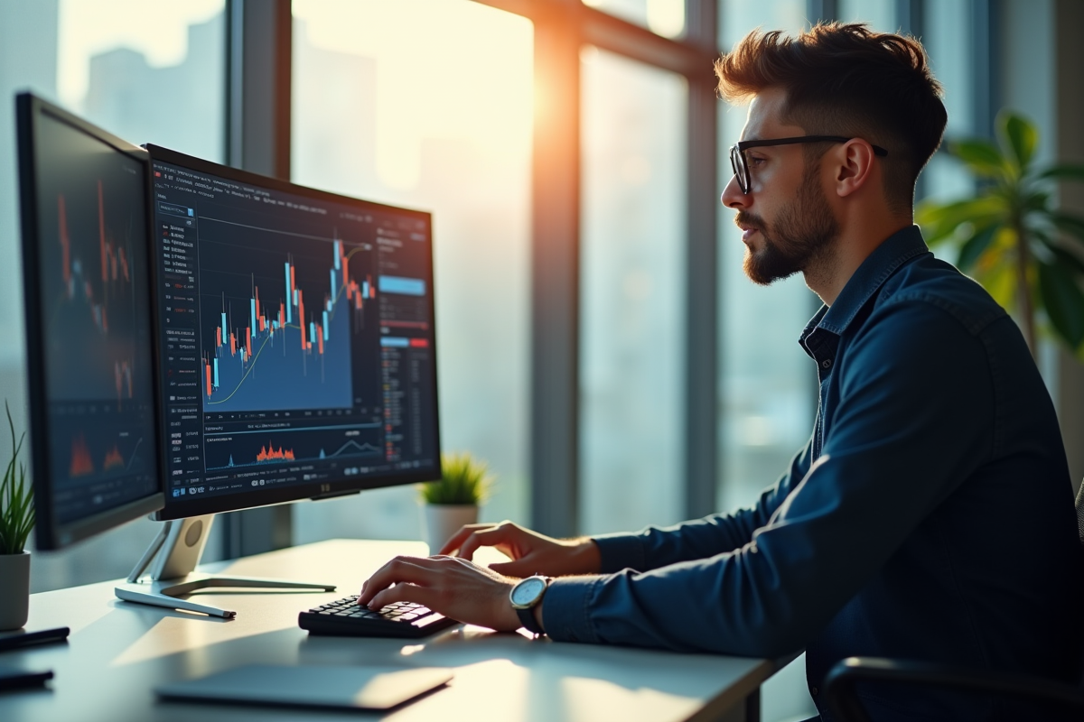 Jeune professionnel analysant des graphiques financiers sur un grand écran