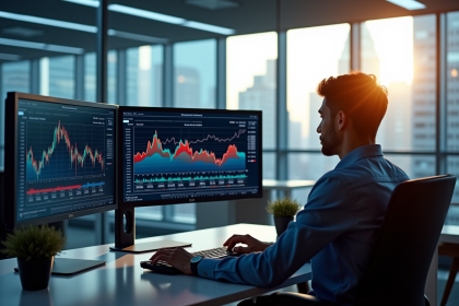 Analyste financier au bureau avec écrans Ethereum et visualisations