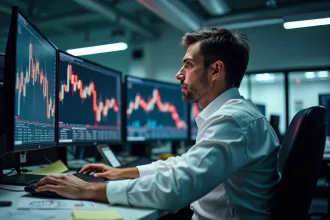 Analyste financier observant la chute du cours de Solana sur plusieurs écrans de trading affichant des graphiques en chandelier rouge