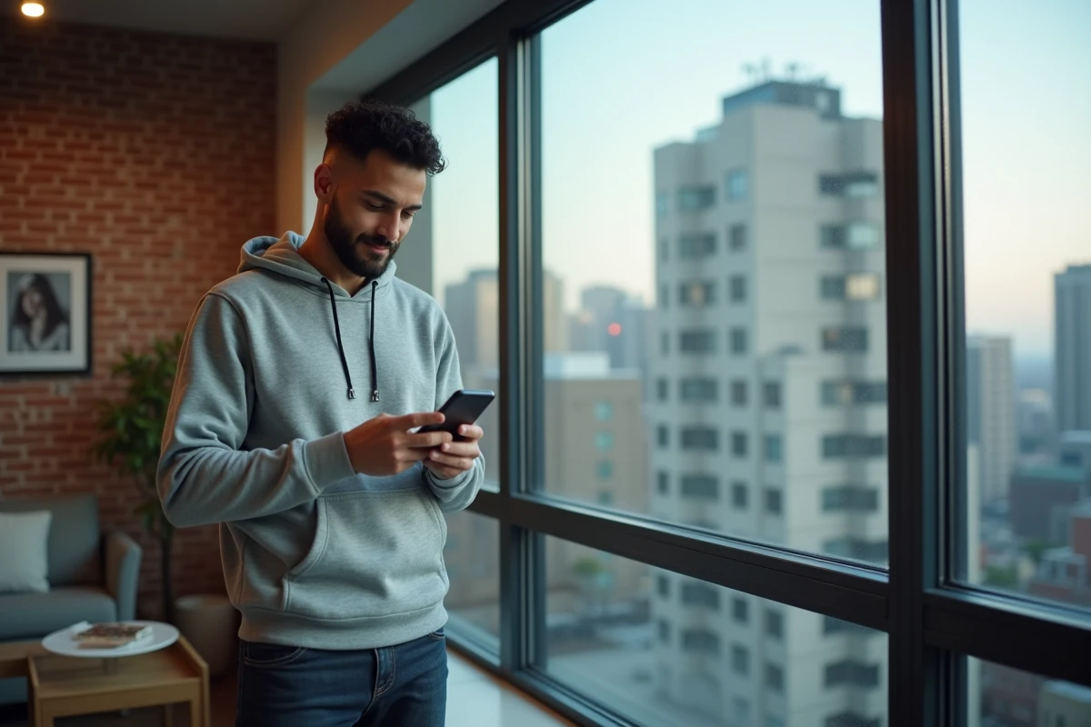 Homme consultant l'application mobile CMB sur smartphone dans un appartement urbain moderne