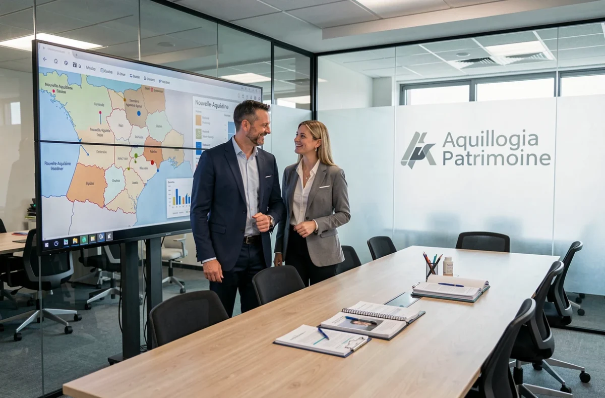 Conseillers d'Aquilogia Patrimoine présentant des stratégies d'investissement régionales sur un écran interactif