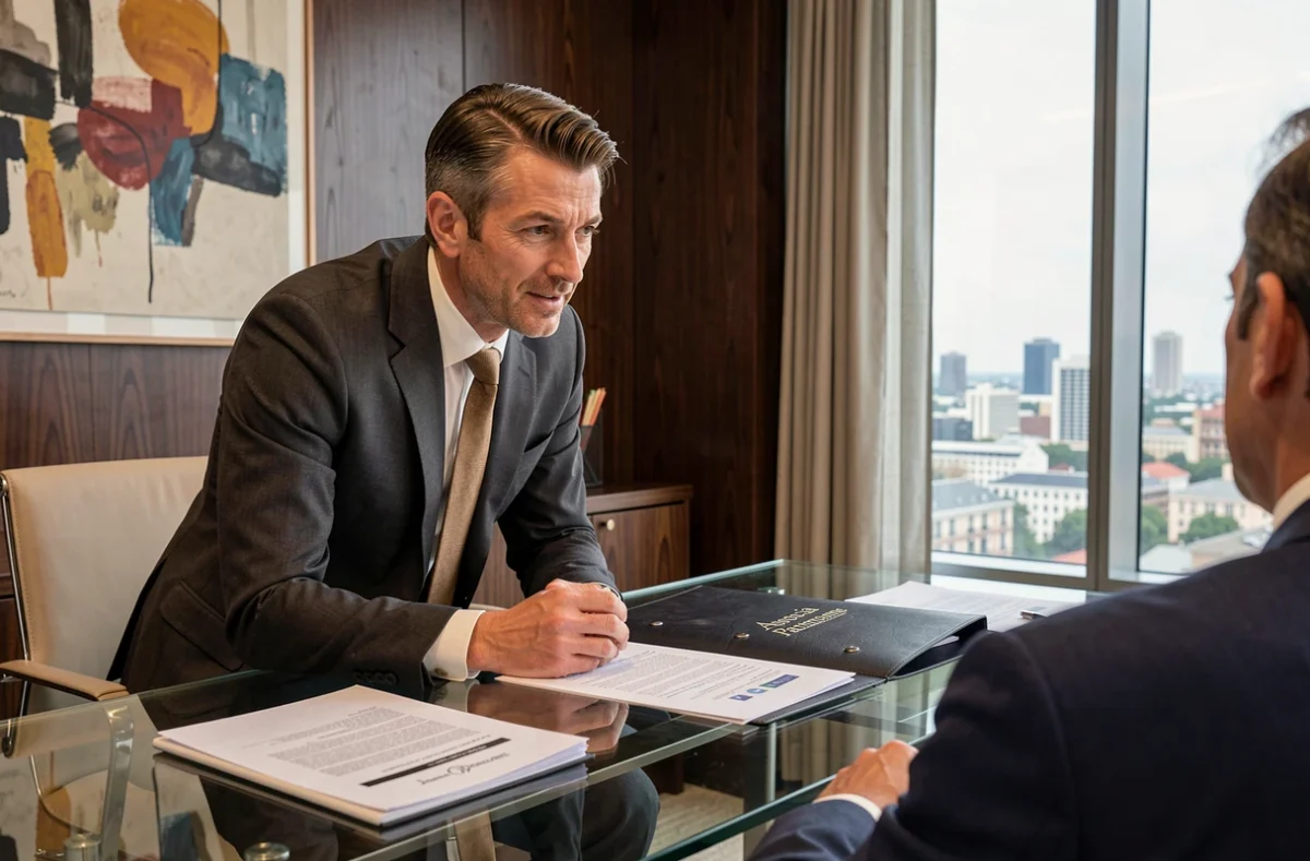 Conseiller d'Associa Patrimoine en entretien patrimonial avec un client dans un bureau haut de gamme