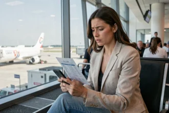 Femme consultant les détails de son assurance voyage Volotea sur smartphone dans un terminal d'aéroport avant son départ
