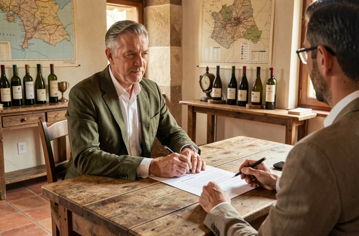 Conseiller Bacchus Conseil discutant d'un investissement viticole dans un bureau provençal décoré de cartes viticoles