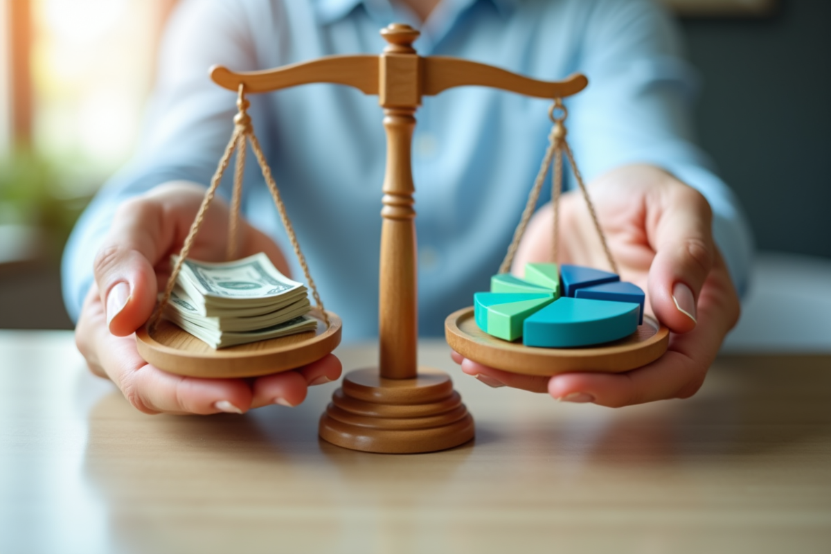 Mains tenant une balance avec argent et diagrammes d investissements