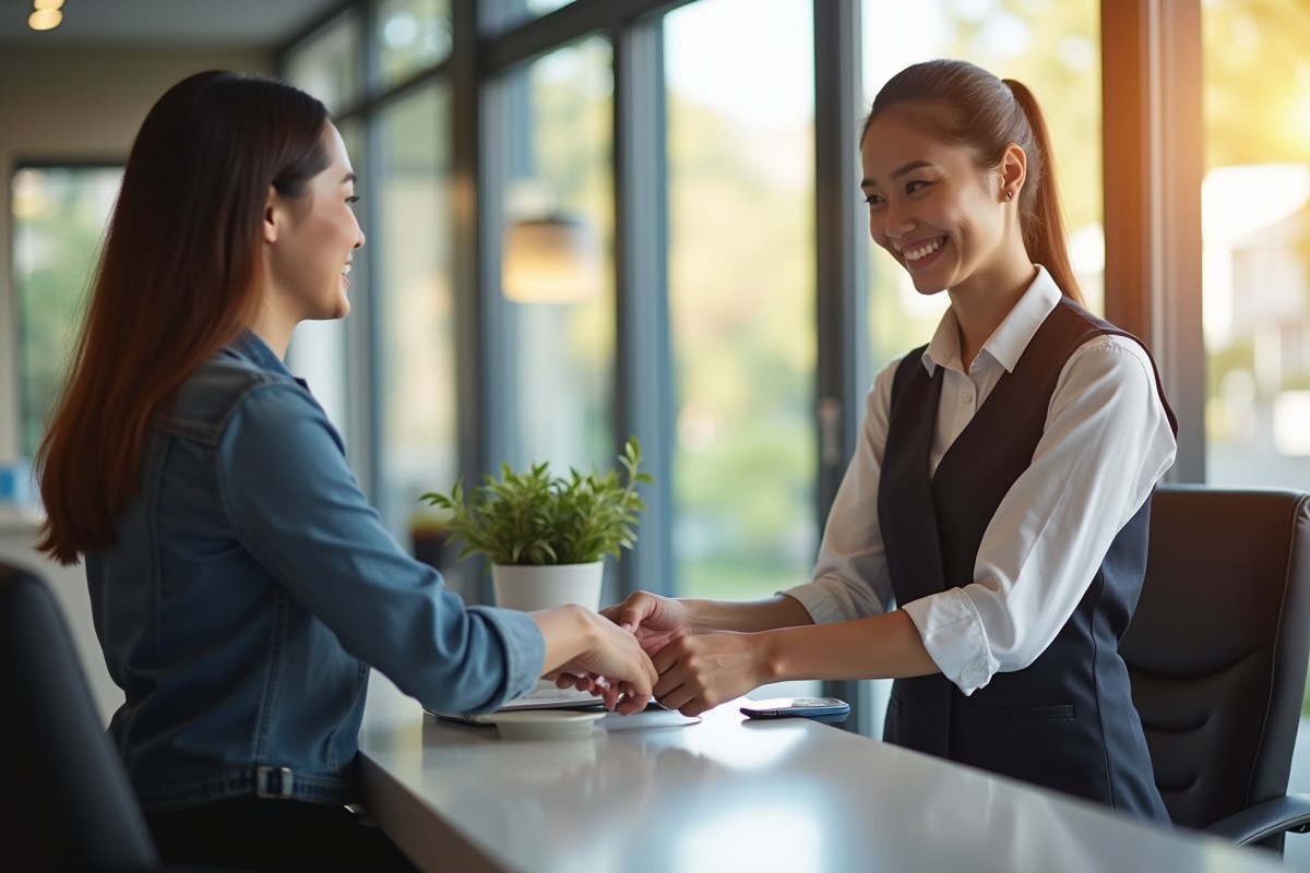 Employe bancaire souriant remettant de l'argent au client