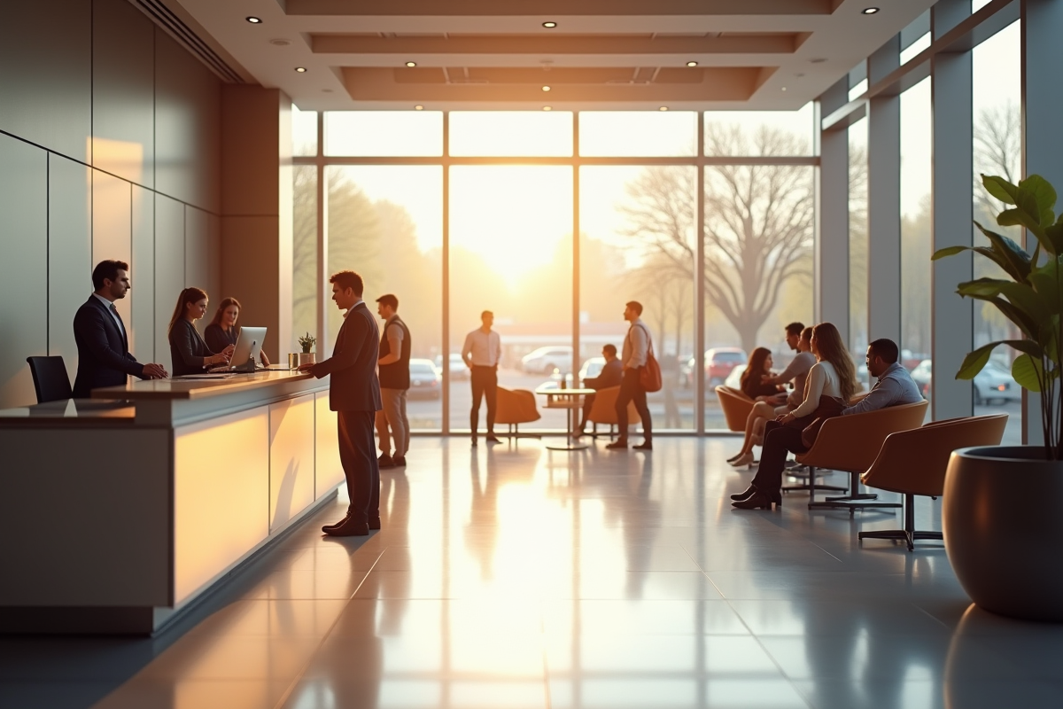 Intérieur moderne d'une banque lumineuse avec clients et comptoirs