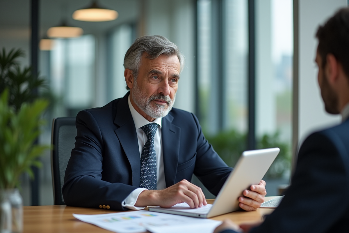 Banquier expliquant des taux hypothécaires devant un bureau moderne