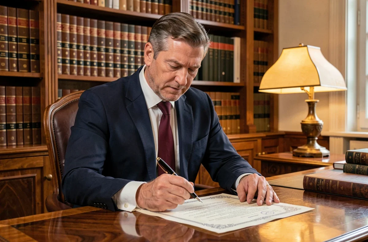 Maître Belloch Eric, notaire, à son bureau dans un cabinet traditionnel avec documents officiels et stylo plume