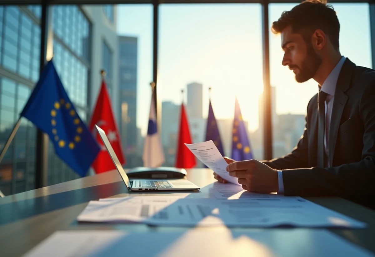 Bureau lumineux avec drapeaux européens et professionnel