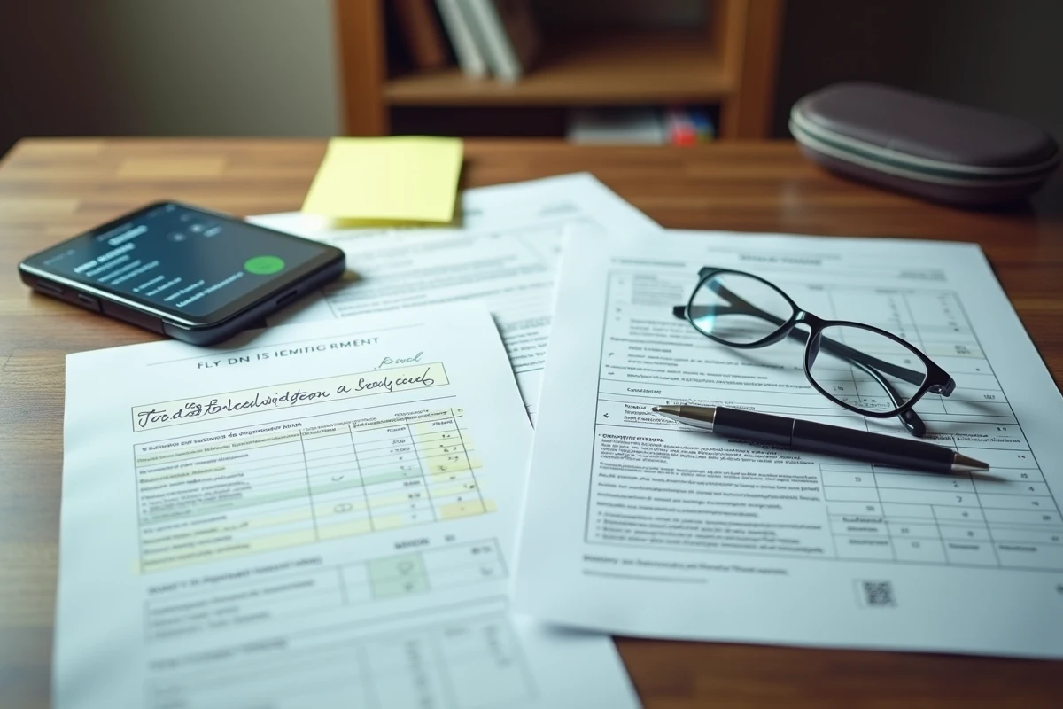 Vue aérienne d'un bureau avec formulaires administratifs, calculatrice et smartphone affichant un statut de versement Pôle emploi 2026