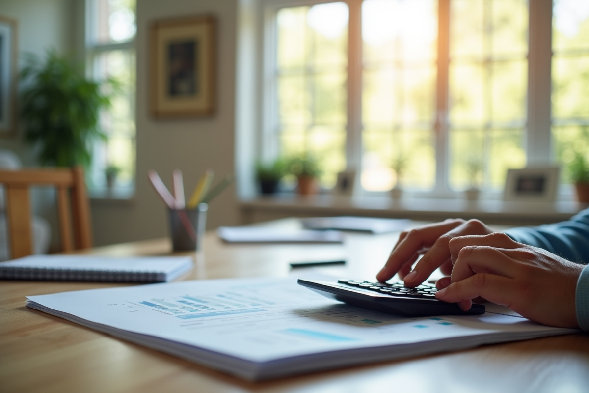 Bureau lumineux avec personne examinant documents financiers