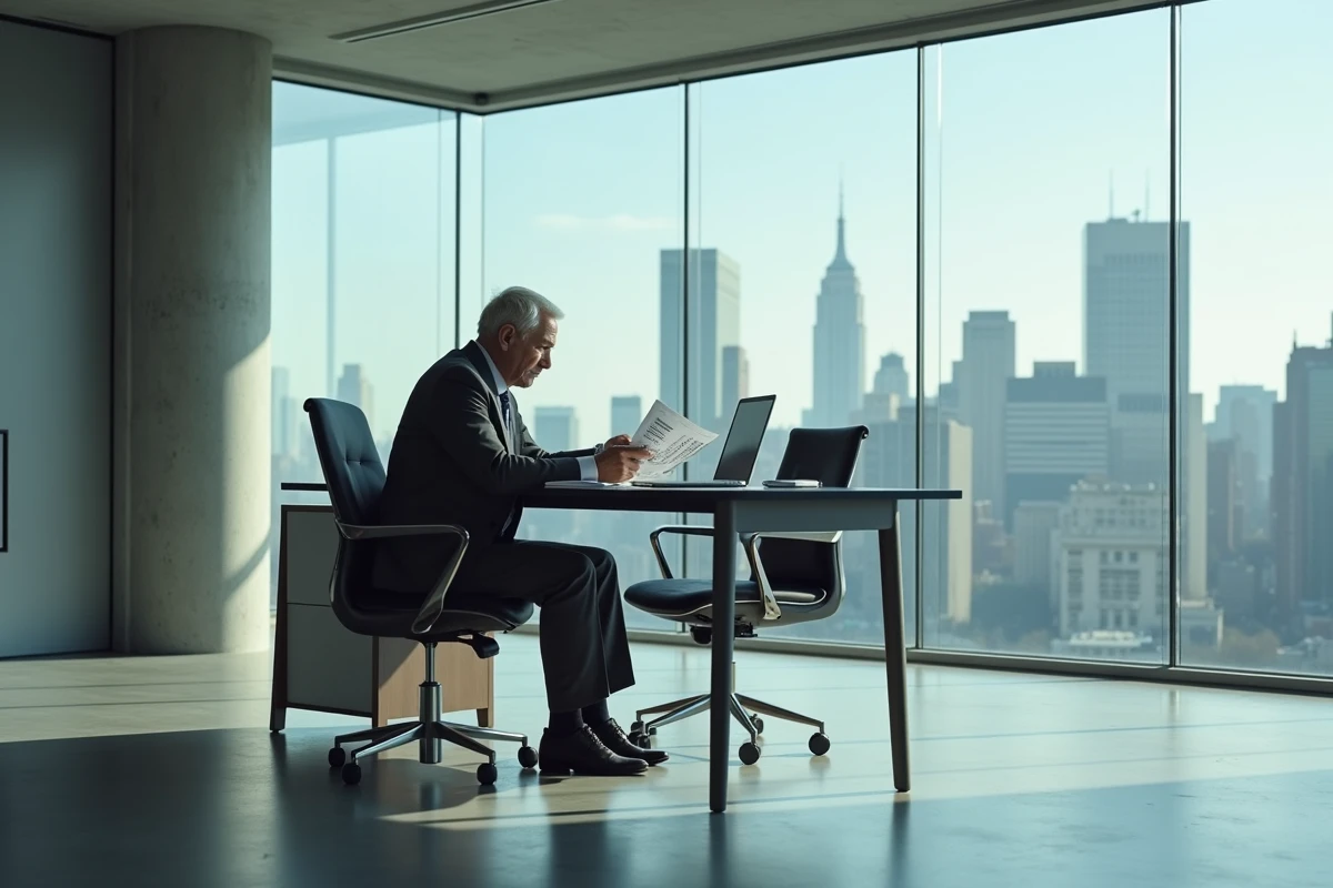 Bureau moderne à New York avec un dirigeant consultant des documents financiers, évoquant le monde des affaires américain et la fortune d'un entrepreneur international