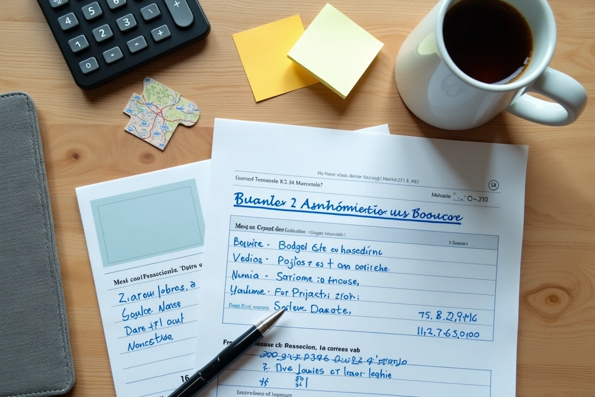 Bureau du trésorier d'une association avec documents budgétaires, calculatrice et application bancaire mobile pour la gestion de trésorerie
