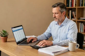 Homme utilisant une calculatrice et un ordinateur portable pour calculer ses impôts au Luxembourg dans un bureau à domicile moderne