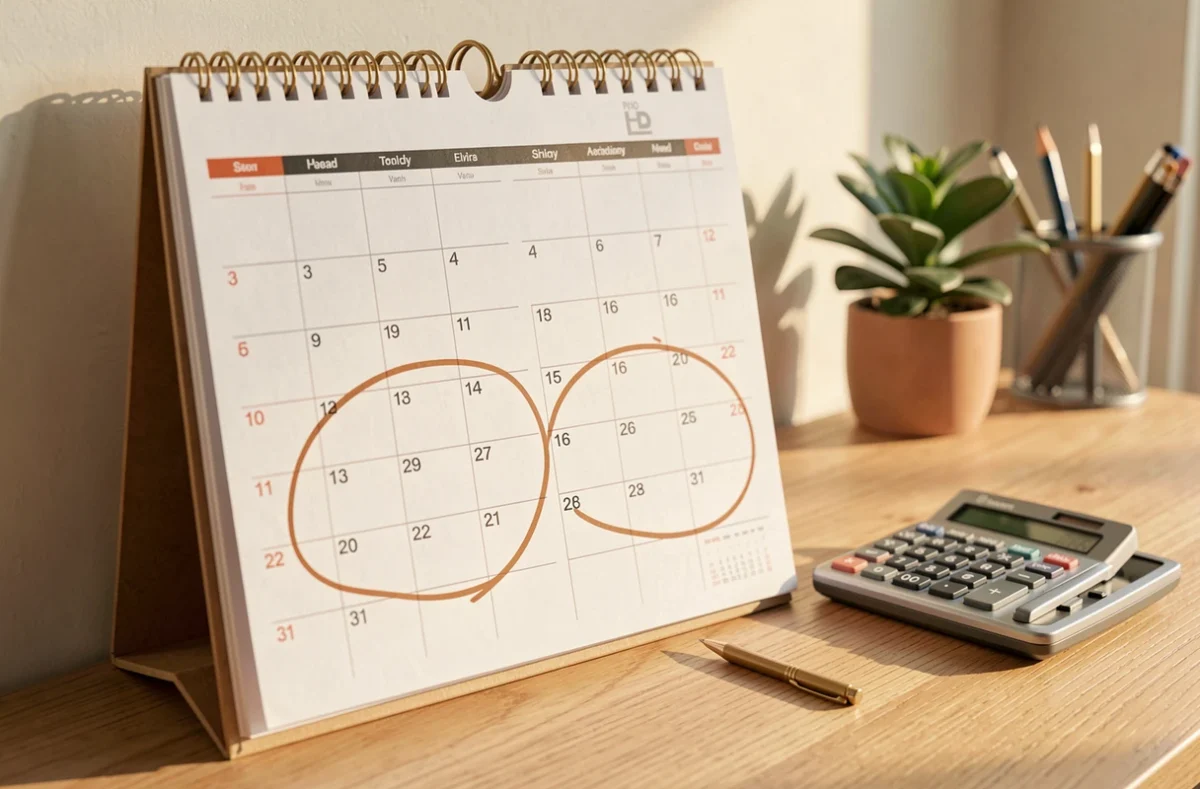 Calendrier avec deux mois entourés et une calculatrice