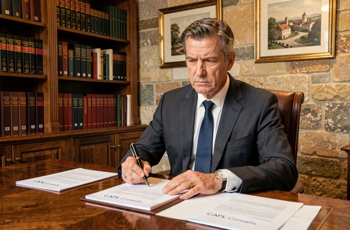 Professionnel de CAPL Conseils rédigeant des notes dans un bureau traditionnel avec des dossiers financiers