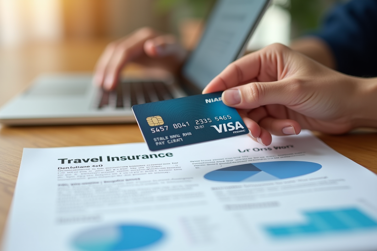 Main tenant une carte Visa Premier au-dessus d'une assurance voyage