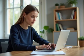 Femme mettant à jour ses informations bancaires RIB sur France Travail depuis son ordinateur portable à domicile