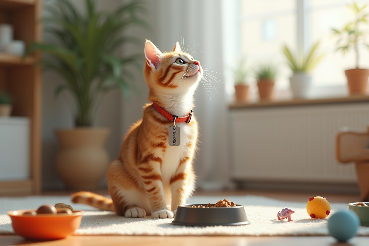 Chat regardant une étiquette de prix suspendue à son collier
