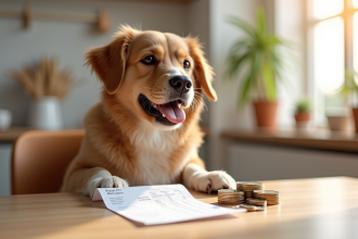 Chien sympathique avec reçu et pièces sur une table lumineuse