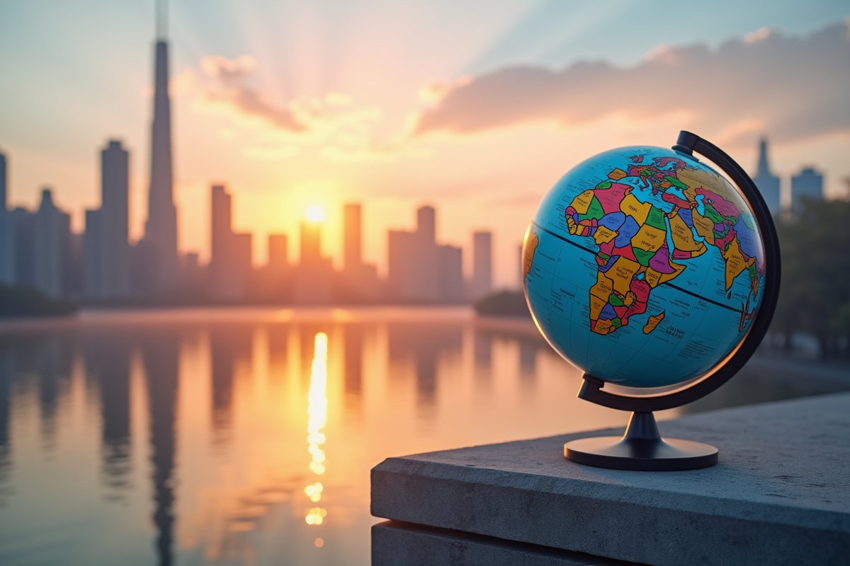 Ciel au lever du soleil avec gratte-ciel et globe en premier plan