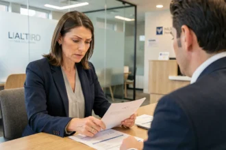 Femme client interrogeant un conseiller bancaire sur des frais forfaitaires dans une agence moderne