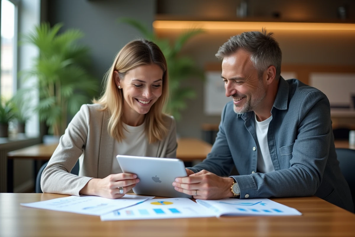 Deux collègues comparant l'espace client CMB sur tablette et relevé bancaire papier dans un espace de coworking