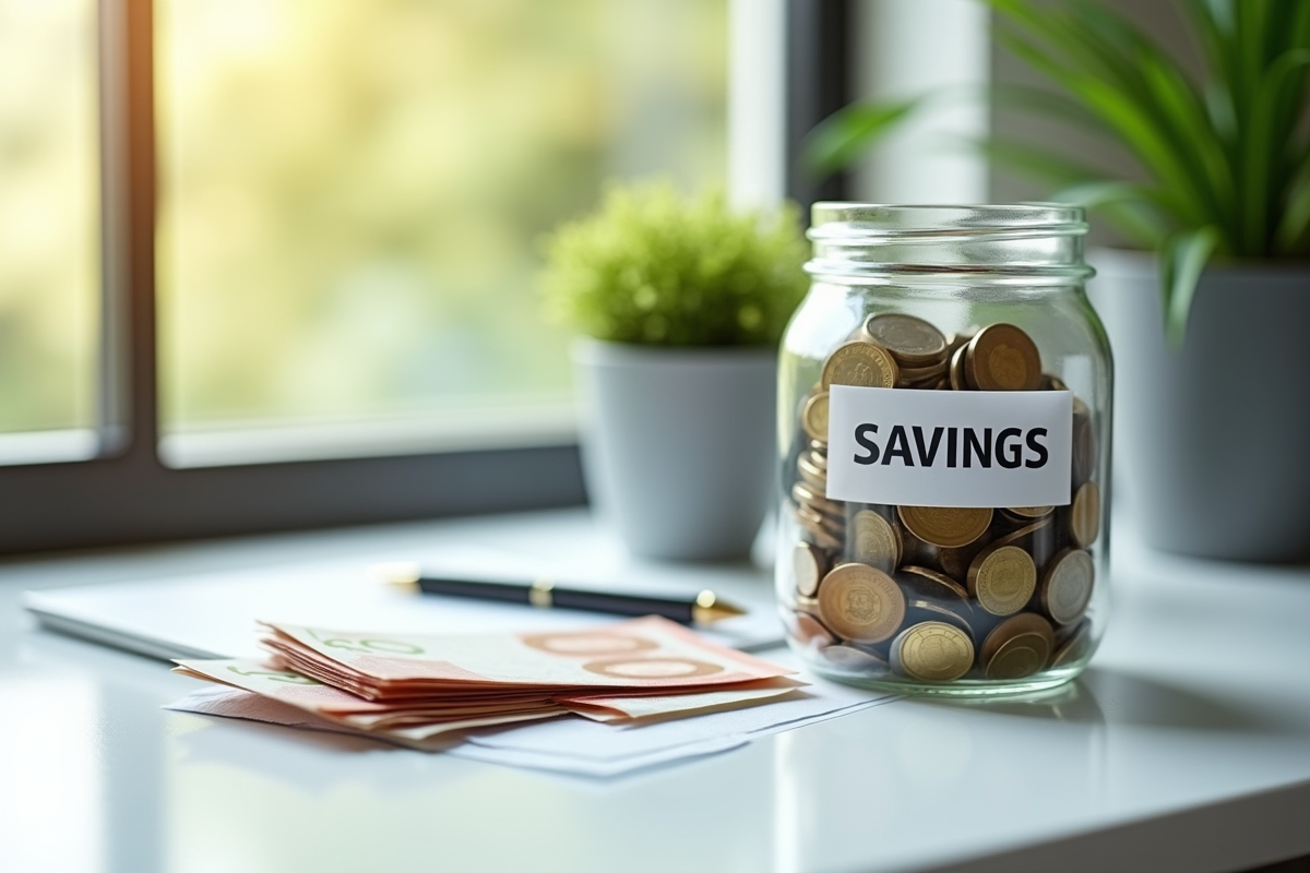 Coffre à euros rempli de pièces et billets avec plante verte