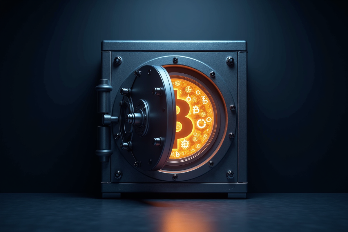 Coffre-fort entrouvert avec symboles crypto lumineux symbolisant la sécurité