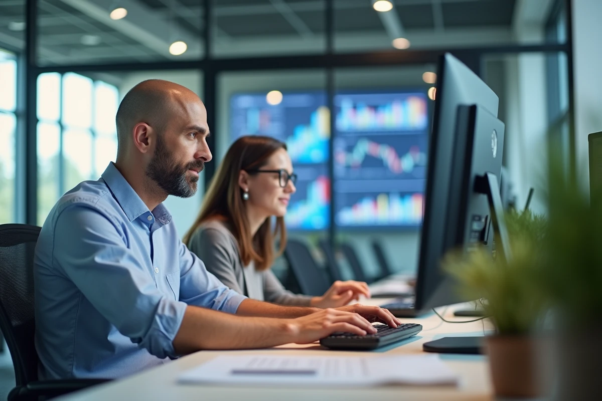 Homme fintech collabore avec une coll&egrave;gue sur un &eacute;cran d