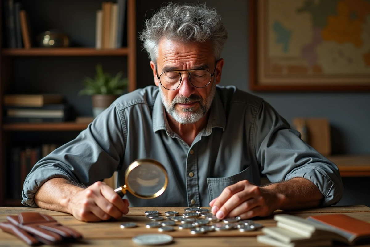 Homme d'âge moyen examinant des pièces de 50 Francs Hercules