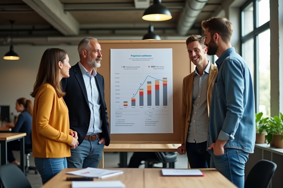 Groupe de coll&egrave;gues discutant des diff&eacute;rences de salaire net entre cantons suisses autour d'une infographie dans un espace de coworking &agrave; Lausanne