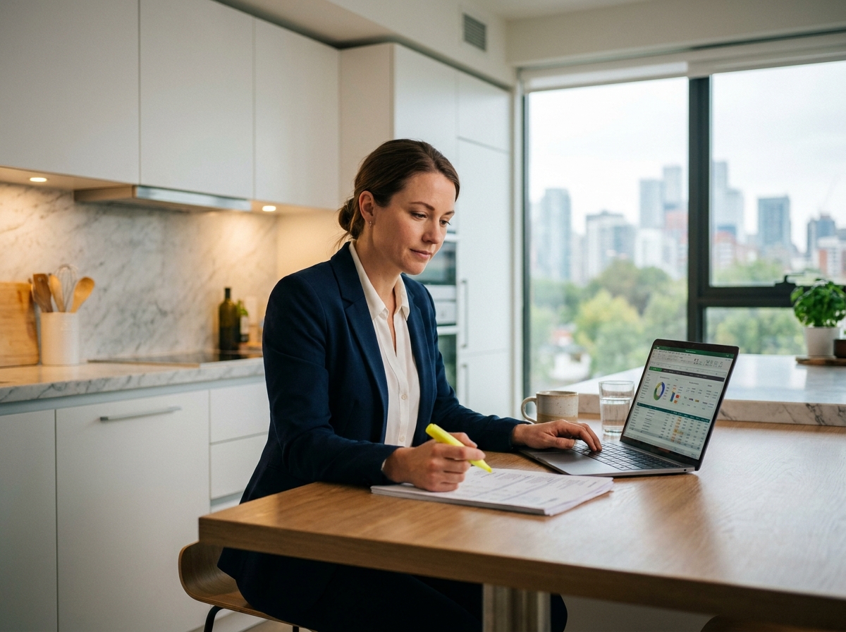 Femme fonctionnaire comparant ses anciens crédits sur ordinateur et relevés bancaires avant de signer un prêt