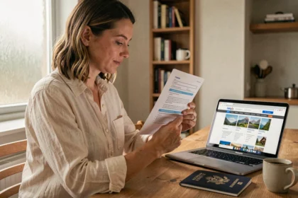 Femme consultant des documents d'assurance voyage pour les États-Unis à une table en bois avec passeport américain et ordinateur portable