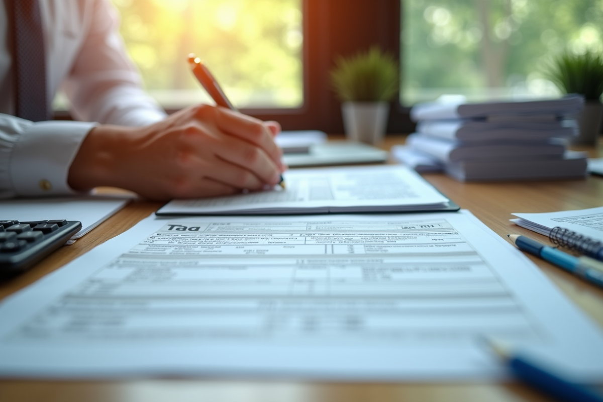 Comptable professionnel triant documents fiscaux en lumière naturelle